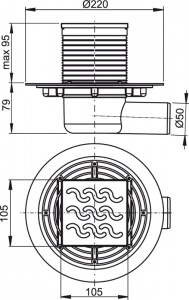 Сливной трап 105х105/50 мм, боковая подводка, решетка латунь-хром, гидрозатвор мокрый