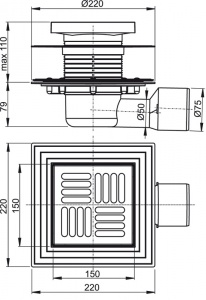 Сливной трап 105х105/50 мм, боковая подводка, решетка и фланец из нержавеющей стали, воротник - 2-х уровневая изоляция, комбинированный гидрозатвор SMART